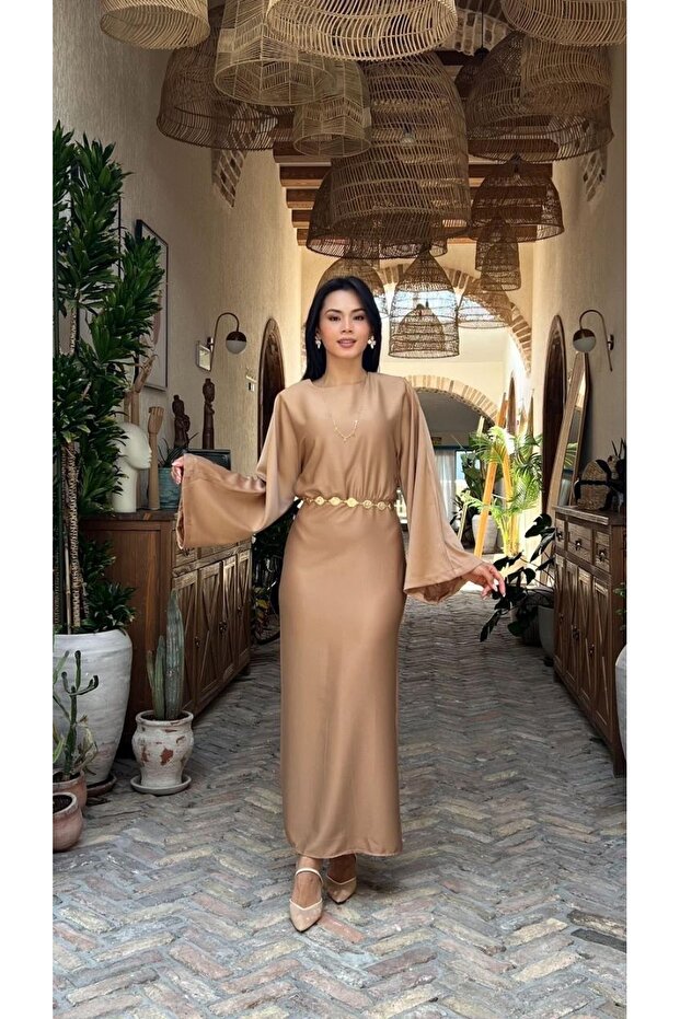 Satin Dress with Chain Detail and Bat Sleeves