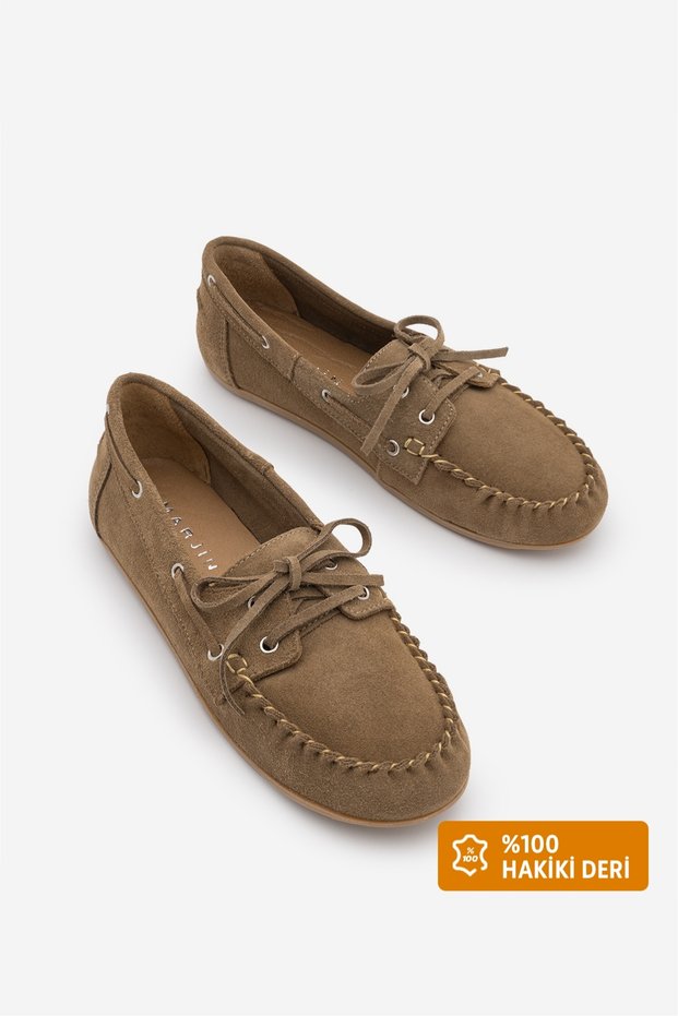 Women's Oval Toe Genuine Leather Lace-Up Moccasin Drawstring Loafer Casual Shoes Rudez Toprak Suede
