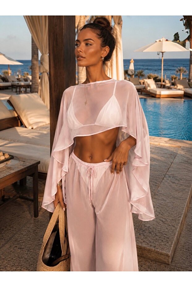 Tulle Pareo Set with Draped Sleeve Detail, Transparent