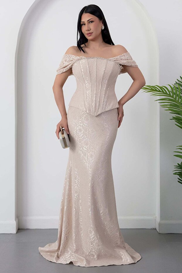 Strapless Neckline Rhinestone Lace Dress Dmn226