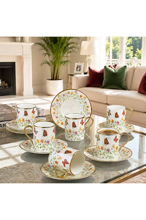 6-Piece Cup Set with Luster Motif, 90 Cc Luxury Cup Set, Gold Gilt