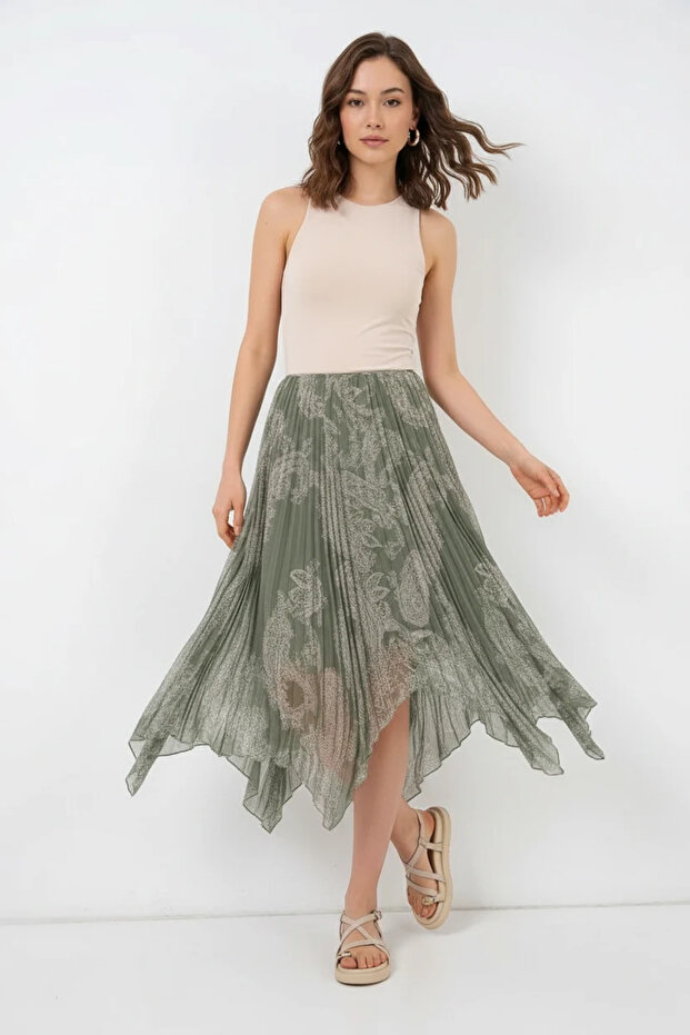 Women's Asymmetrical Pleated Floral Patterned Chiffon Green Skirt