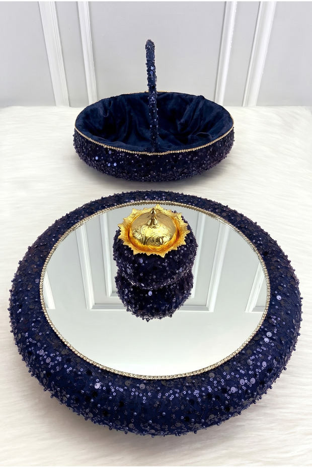 Navy Blue Authentic Fabric and Sequined Stone Mirrored Velvet, Henna Night Tray Basket Bridal Set, Wedding Ceremony