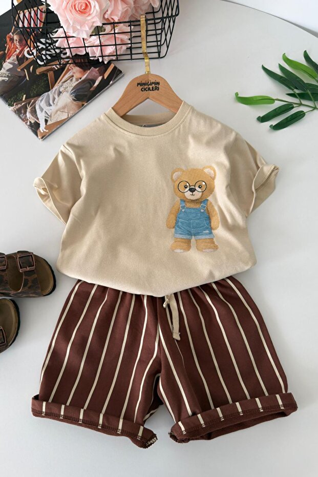 Miniğimin Cicileri Bear Printed Boys' Shorts Set - Beige