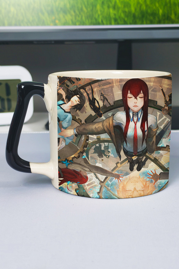 كوب سيراميك فاخر مطبوع عليه رسومات أنمي Steins;Gate (قطعة واحدة) بمقبض أسود خاص بمقبض مموج V5D