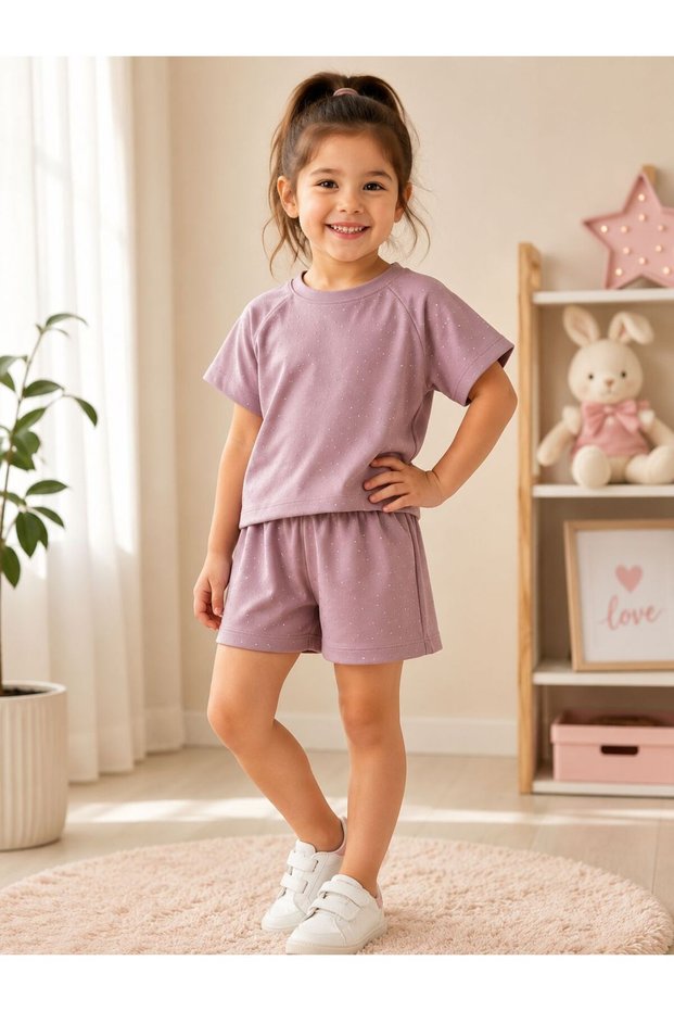 Girl's Shorts T-Shirt Set with Stones, 2-Piece Set