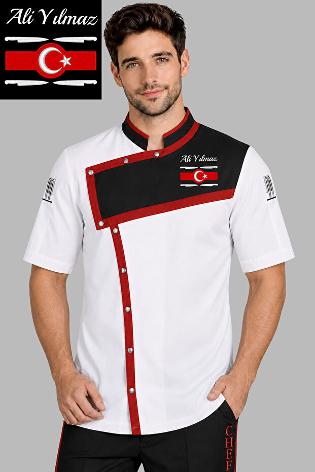Name, Turkish Flag, Knife Embroidery Gift Short Sleeve Cook Jacket Chef Jacket Cook Outfit Cook Uniform