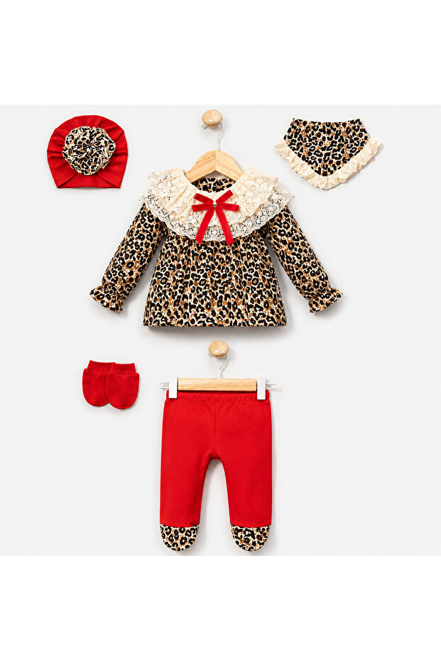 Newborn Baby Girl 5 Piece Leopard Pattern Hospital Discharge Set with Red Detail 0-3 Months
