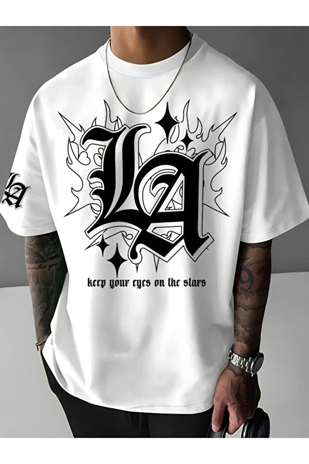 Oversize Printed Unisex T-Shirt | Bicycle Collar | White