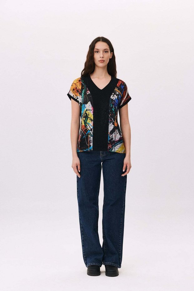 V-Neck Front Cube Stone Digital Printed T-Shirt