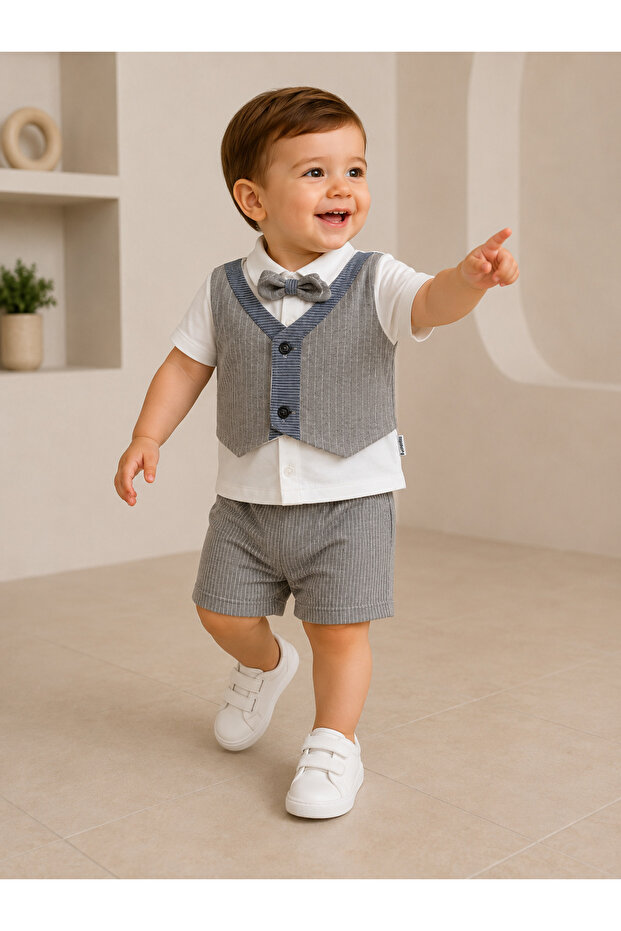 Baby Boy Bow Tie Vest Look Shorts Set 100% Cotton Summer 2-Piece Set