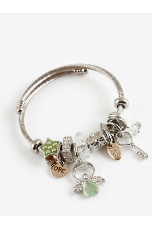 Women's Silver Color Green Angel Figured Steel Charm Bracelet