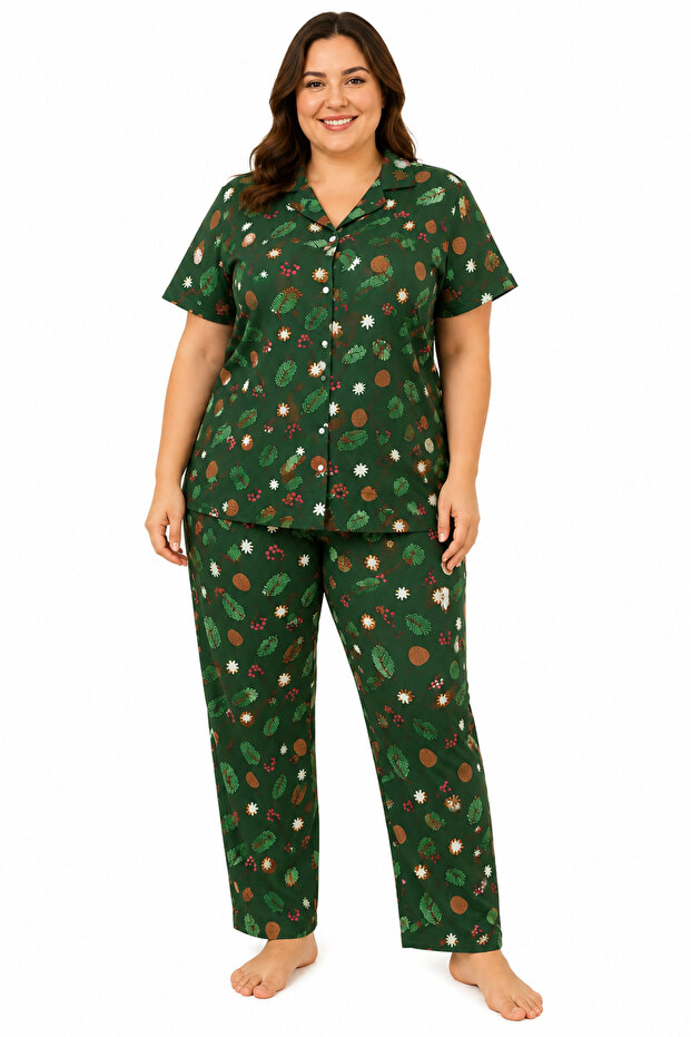 55806-26 Plus Size Women's Pajamas Set 3Xl-5Xl Short Sleeve Buttoned Patterned Comfortable Home Wear Set