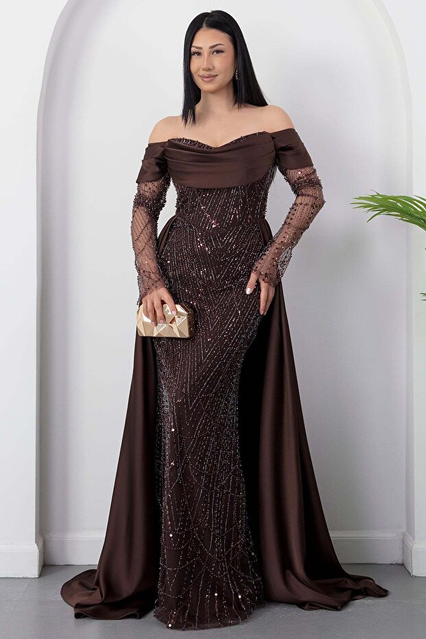 Strpalez Collar Satin Shawl Detail Beaded Dress Ecr5879