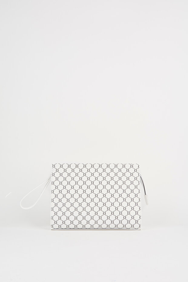 Women's Petunia Patterned White Lined Faux Leather Wrist Strap Portfolio Handbag and Clutch Bag