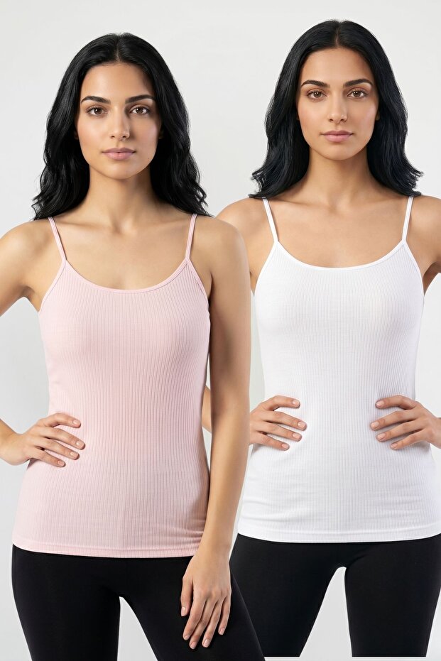 2-Pack Women's 95% Cotton Rope Strap Ribbed Undershirt Flexible Breathable Fabric Daily Basic Underwear Body-Hugging Camisole Style Double Set