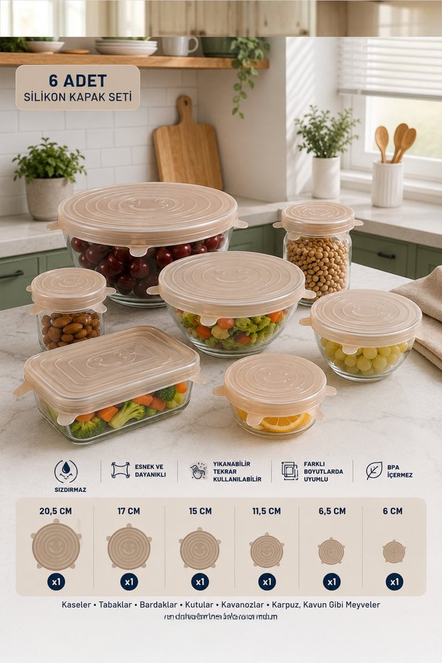 Tıdymat Silicone Freshness Preserving Stretch Cover Set of 6 Reusable Food Storage Covers/Plate, Bowl Cover