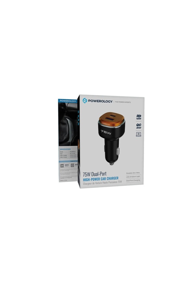 75W Dual-Port High-Power Car Charger with Typc-C Cable Black/ Orange