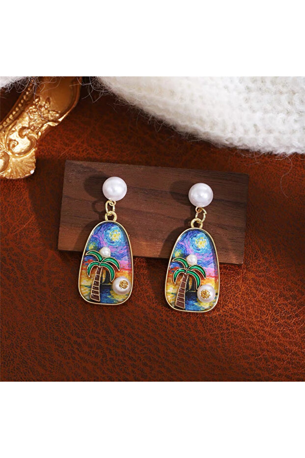 Colorful Palm Tree Earrings with Pearl Detail and Dangle Design