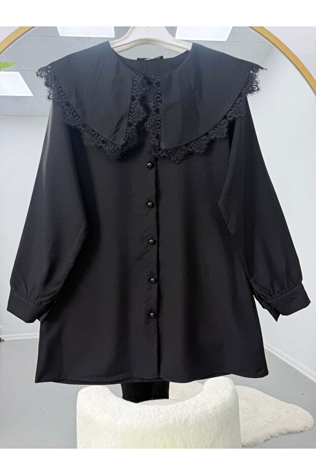 Lace Detailed Collar Tunic Black