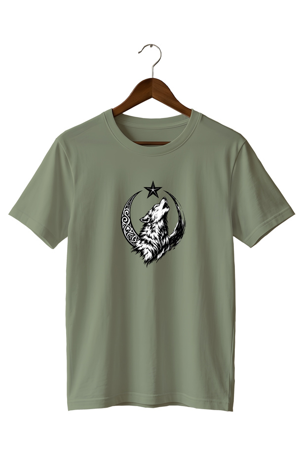 Special Design Minimalist Snow Wolf and Moon Star Printed T-Shirt 100% Cotton