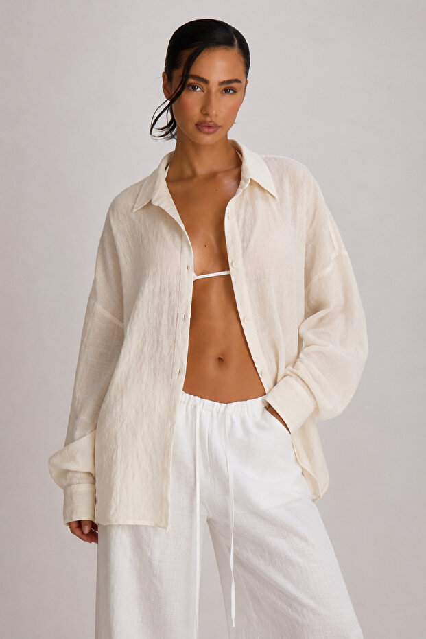 Women's Oversize Linen Shirt – Lightweight Textured Summer Comfortable Fit for Beach & Casual Chic
