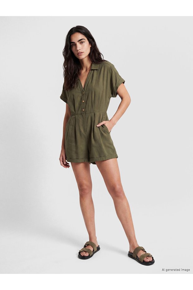Lcw Vision Khaki Shirt Collar Women's Shorts Jumpsuit