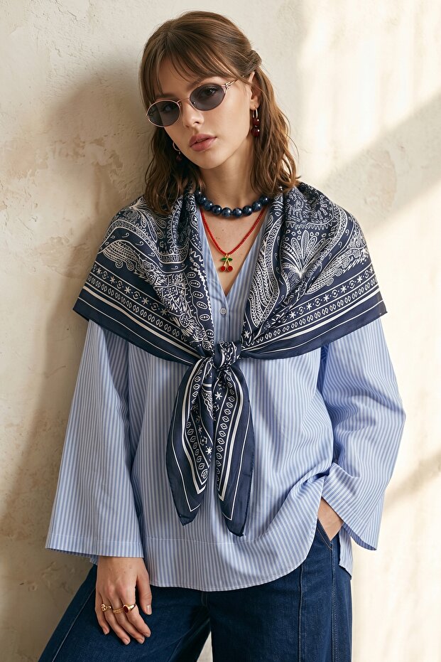 Patterned Dark Navy Blue Soft Scarf 90X90