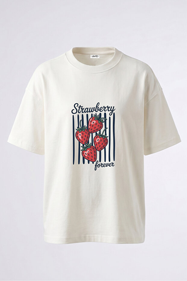 Strawberry Illustration Design Back Printed Cotton White Oversize T-Shirt
