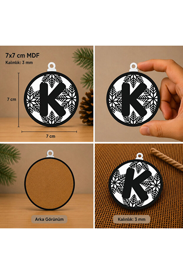 Letter K Christmas Ornament – Mdf Pine Tree Patterned Hanging Decoration (7X7 cm)
