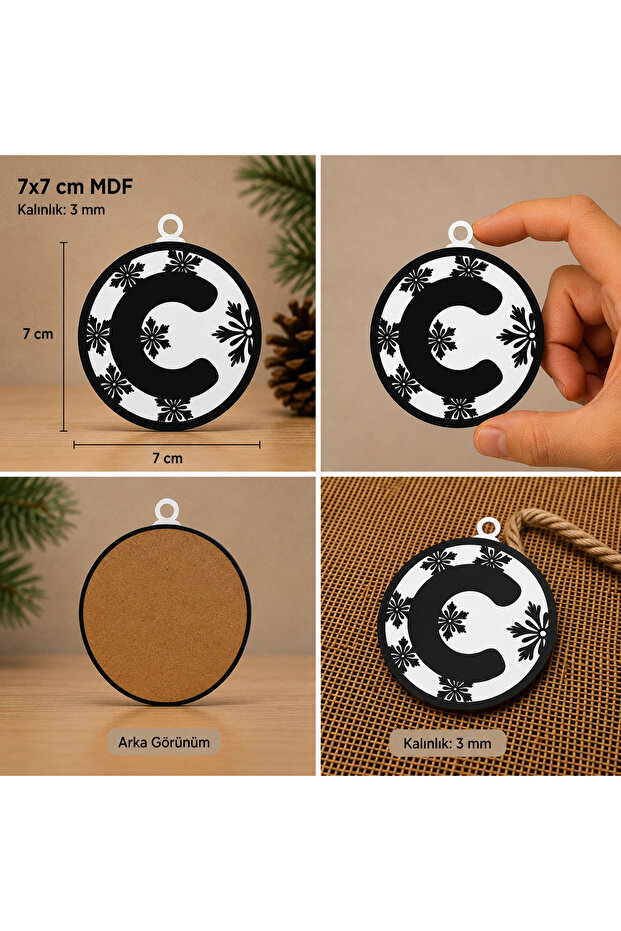 Letter C Christmas Ornament – Mdf Pine Tree Patterned Hanging Decoration (7X7 cm)