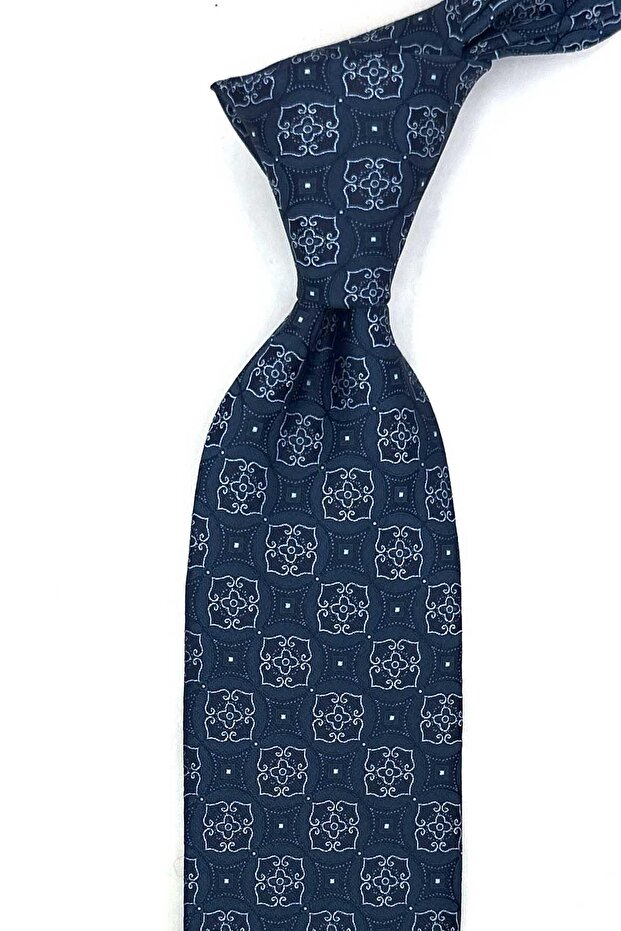 Petrol Blue Motif Patterned Classic Tie with Handkerchief Kk13764