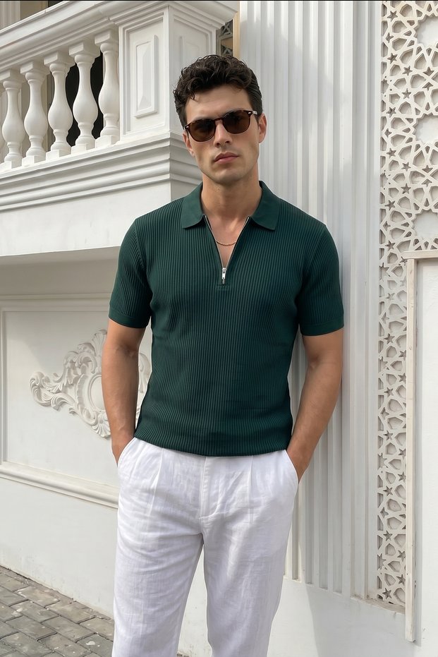 Orin Premium Ribbed Knitwear Polo Collar Half Zipper Men's Nefti T-Shirt