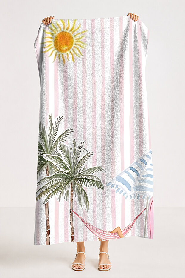 Tropical Striped Palm Sun Beach Towel-Bohemian Pink White Marine Quick Dry Microfiber Towel