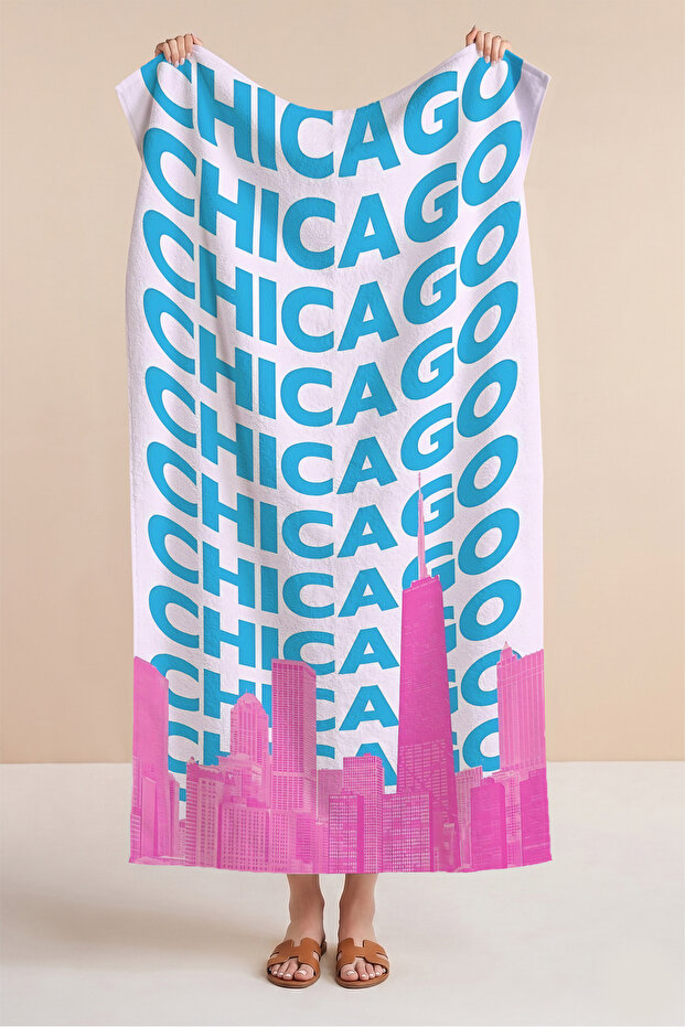 City Themed Lettering Typographic Beach Towel - Pink Blue Metropolitan Quick-Dry Microfiber Towel