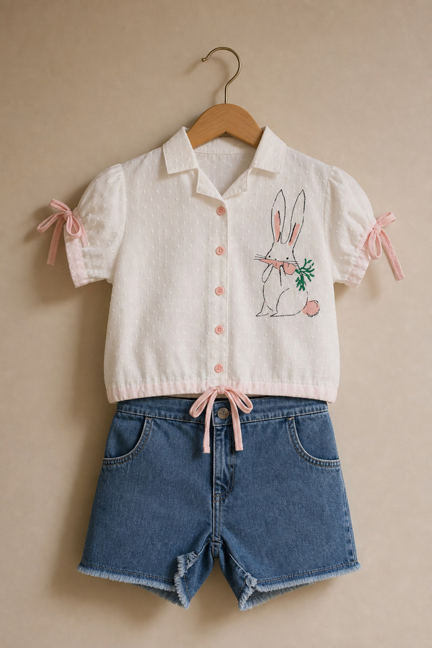 Girl's Rabbit Printed Shirt and Denim Shorts Summer 2-Piece Set