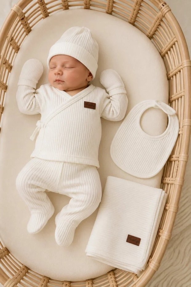 Ribbed Textured 7-Piece Baby Hospital Discharge Set with Blanket, Bodysuit, Hat and Gloves