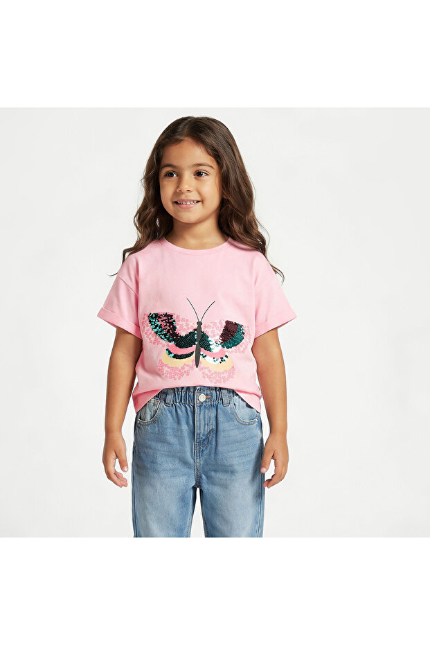 Crew Neck Short Sleeves T-shirt with Butterfly Sequin Detail