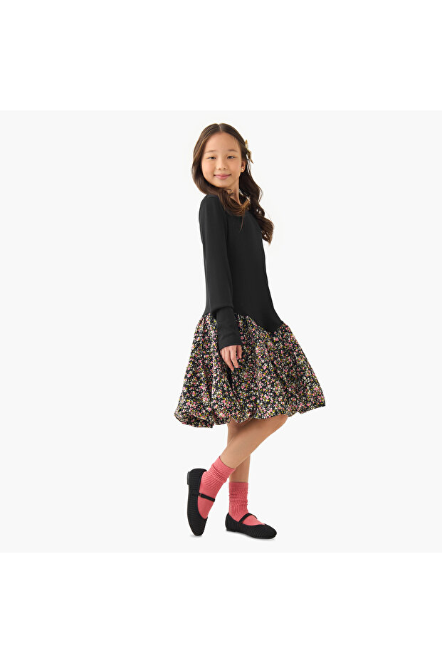 Round Neck Long Sleeves Knee Length Dress with Embellishments