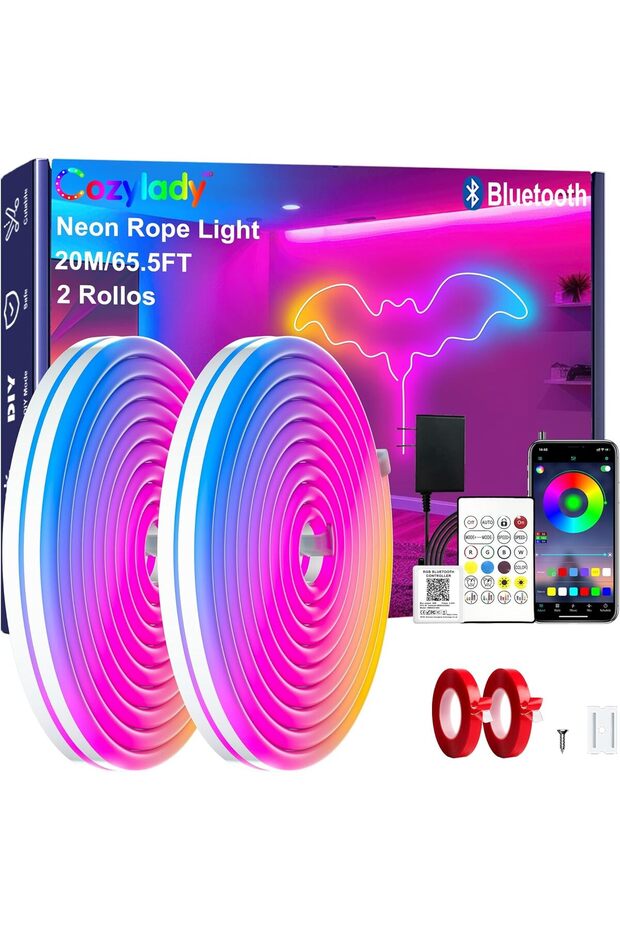 20M/65FT Bluetooth Neon LED Strip Light, Waterproof RGB, Music Sync, Remote/APP Control