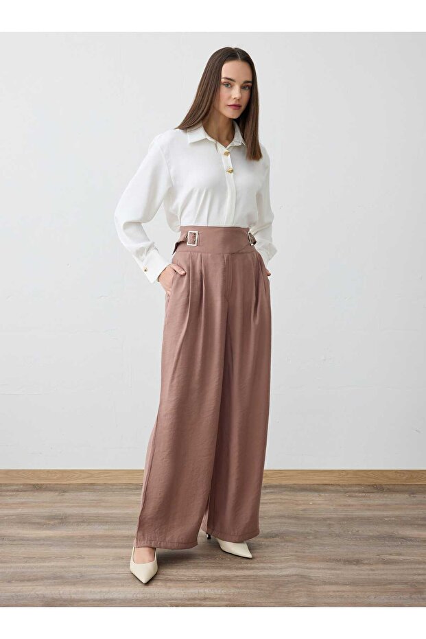 Wide Leg Modal Pants with Metal Buckle Detail - Dusty Rose -