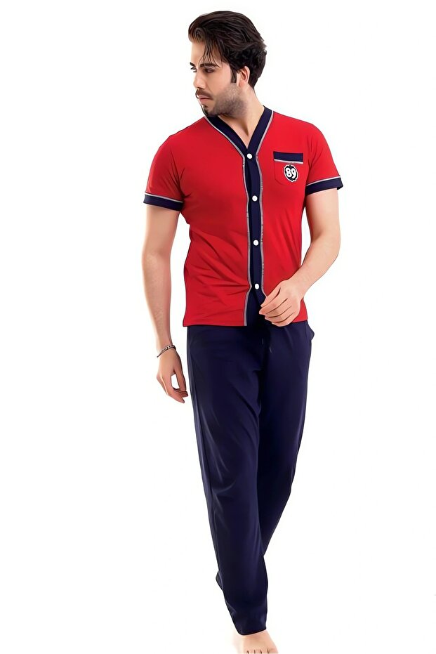 طقم بيجامة رجالي، بأزرار أمامية، أكمام قصيرة، 100% قطن، قماش قطن ممشط 30/1