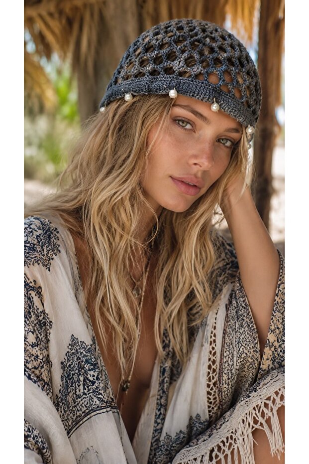 Navy Blue Hand Knitted Pearl Bead Detailed Mesh Hat Beanie