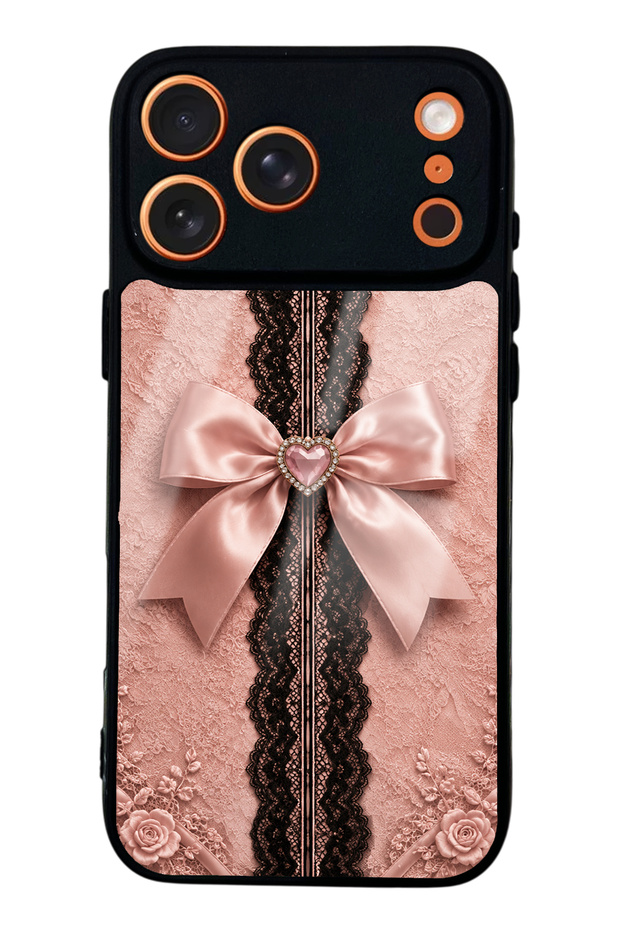 iPhone 17 Pro Glossy Phone Case with Pink Lace Bow Design
