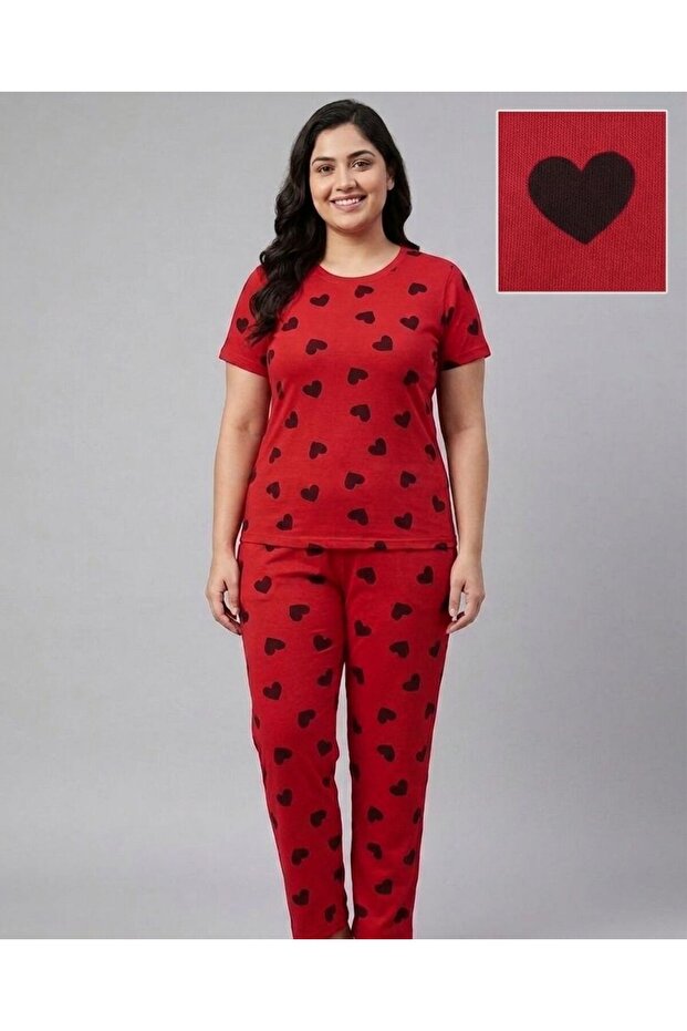 طقم بيجامة صيفي بأكمام قصيرة باللون الأحمر مقاس كبير