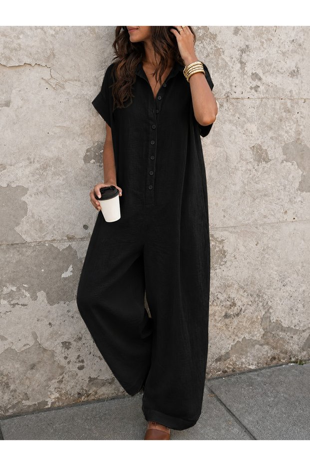 Black Linen Women's Buttoned Shirt Collar Loose Jumpsuit – Wide Leg Relaxed Fit Summer Jumpsuit 70% Linen 30%
