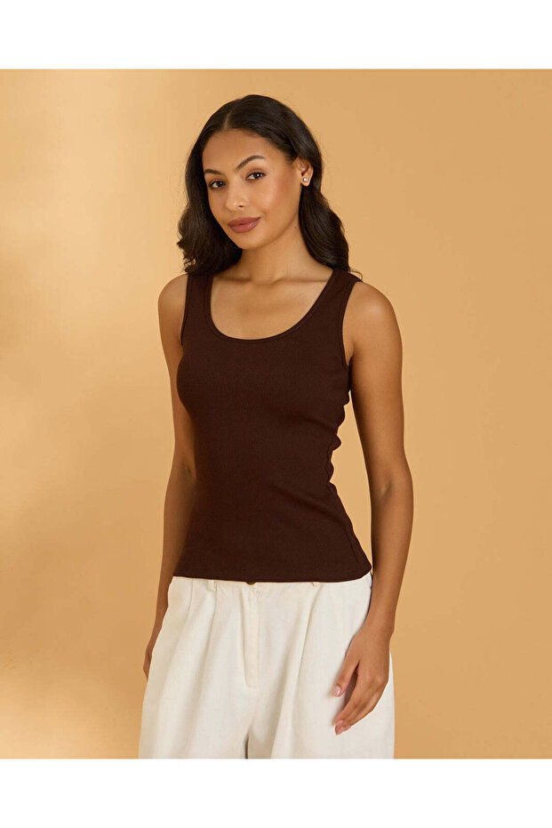 Women Brown Ribbed Vest