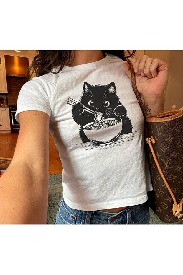 Cat Eating Ramen Printed Women's Body Tee