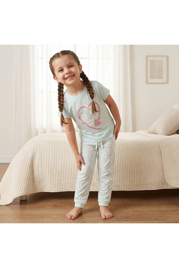 Cotton Crew Neck Short Sleeves Pyjama Set with Floral Print