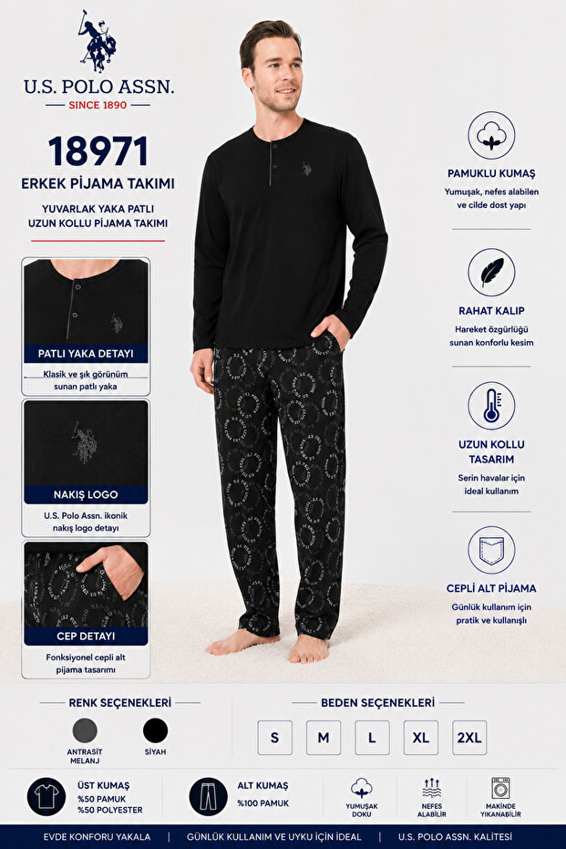 Men's Long Sleeve Placketed Collar Cotton Pajama Set with Pockets Bottom Pajama
